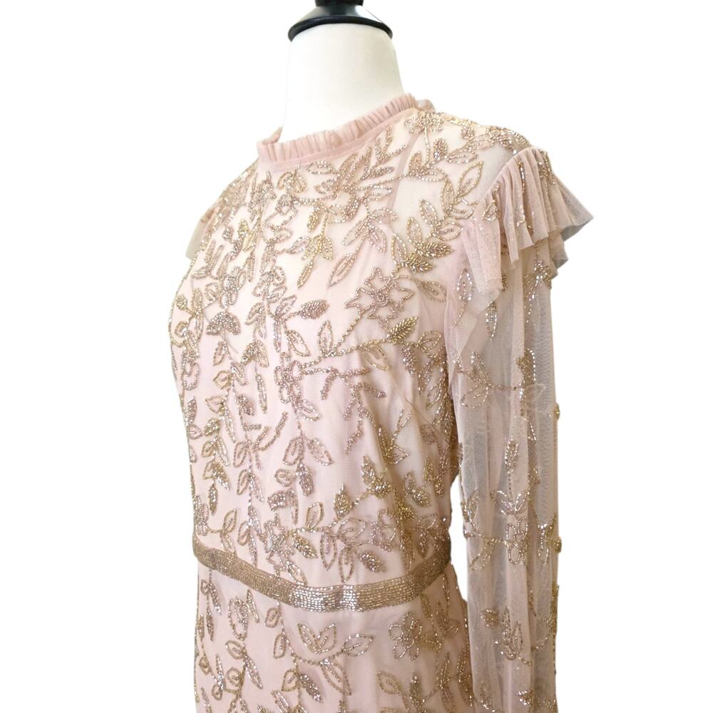 Mac Duggal 9237 Blush Beaded Tulle Formal Gown Long Sleeve Size 22 Dress - Picture 7 of 15